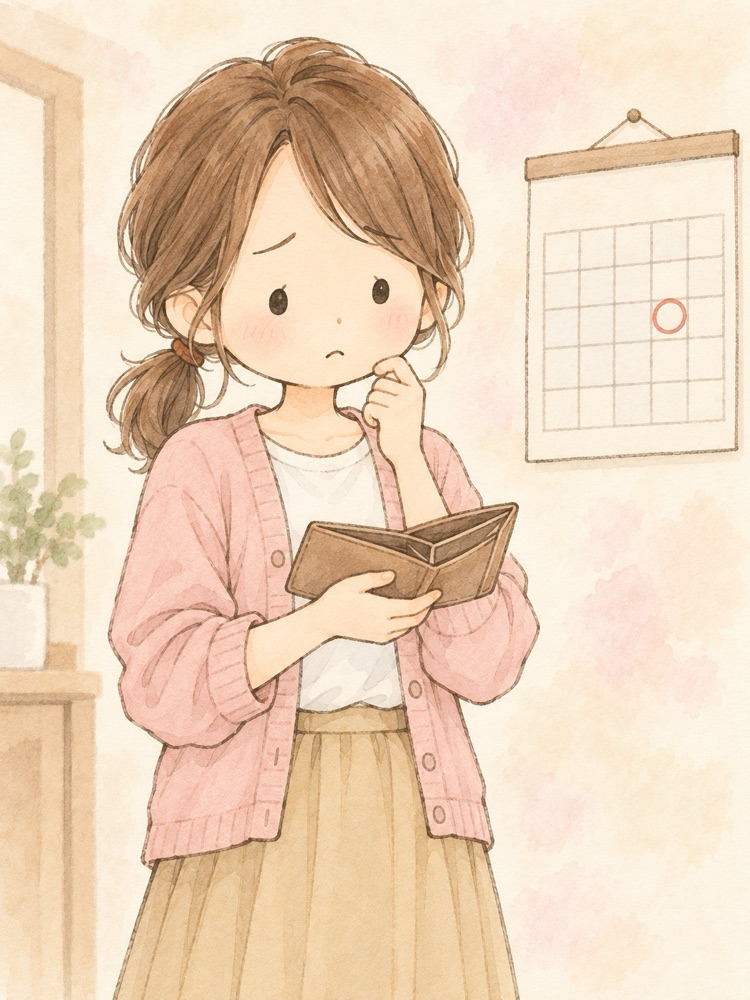 財布をのぞき込んでため息をつくミキ