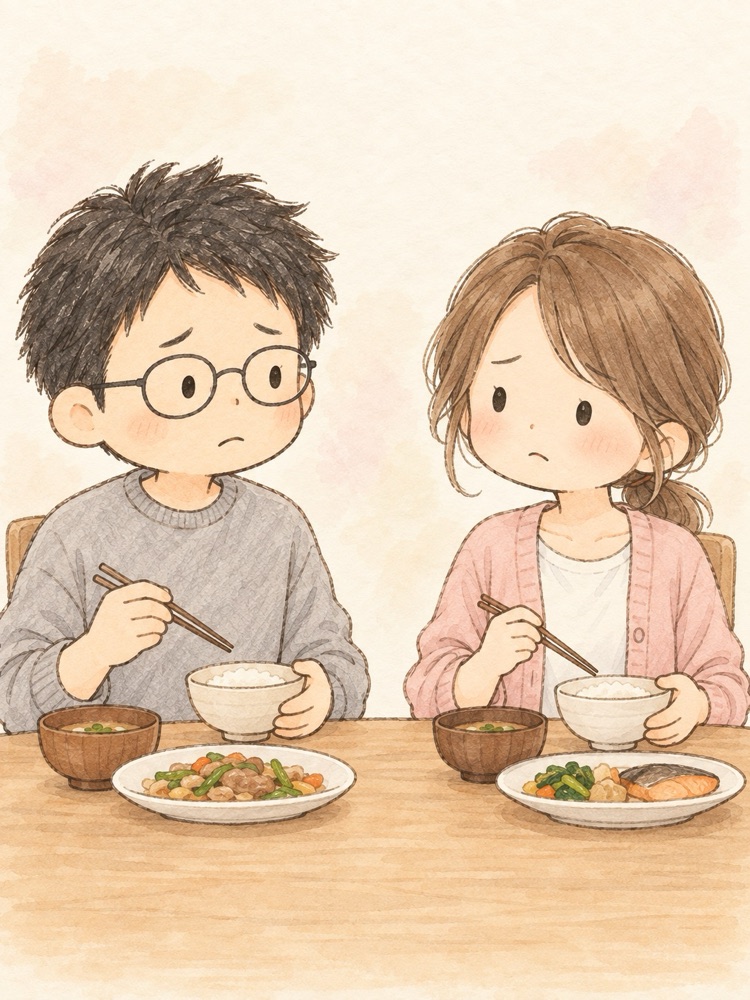 夕食の食卓で、遅れのことを話し合う夫婦
