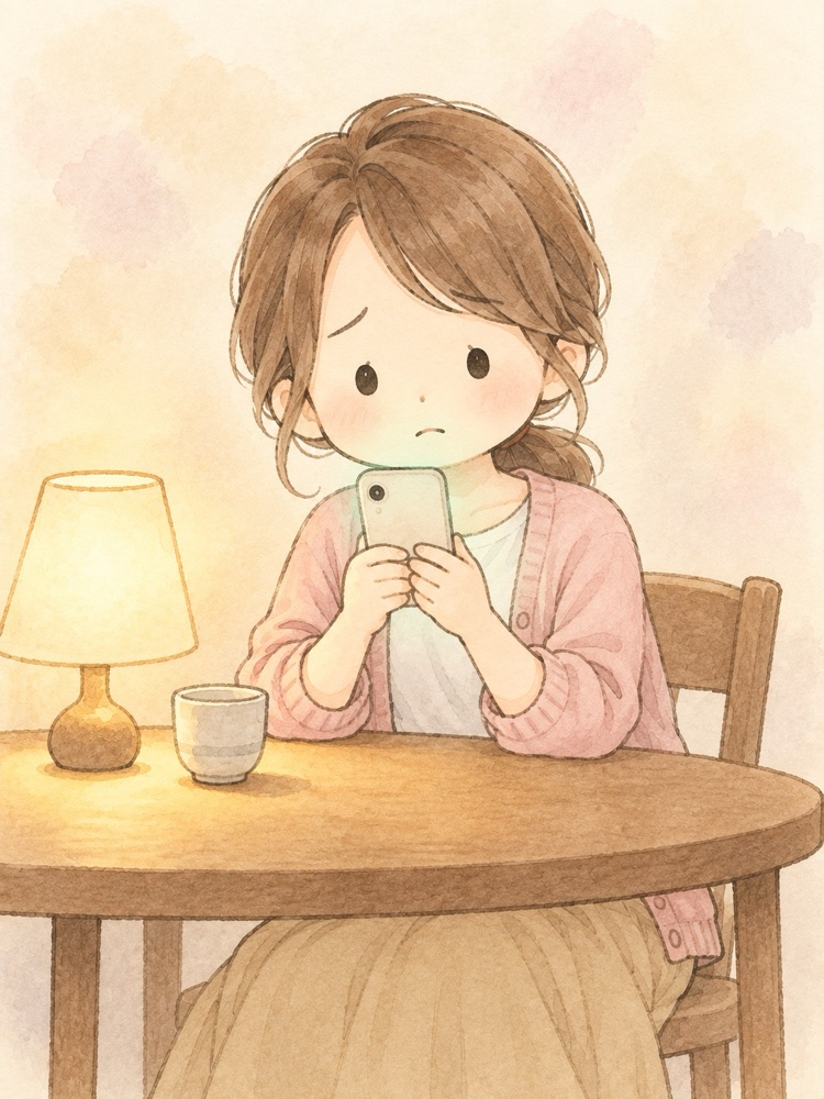夜のダイニングでスマホを見つめるミキ