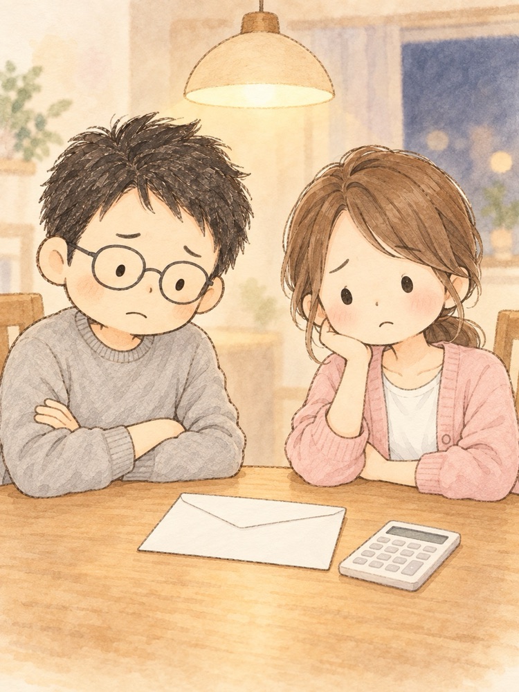 テーブルの封筒を前に、深刻に考え込む夫婦