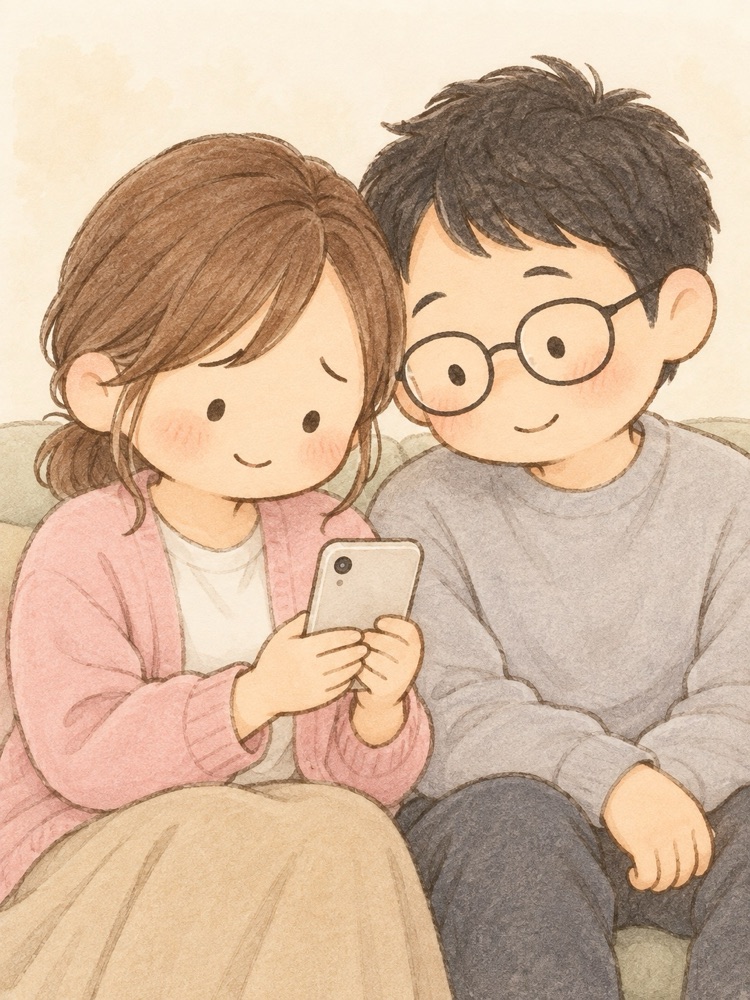 スマホをふたりで見下ろすミキとユウタ