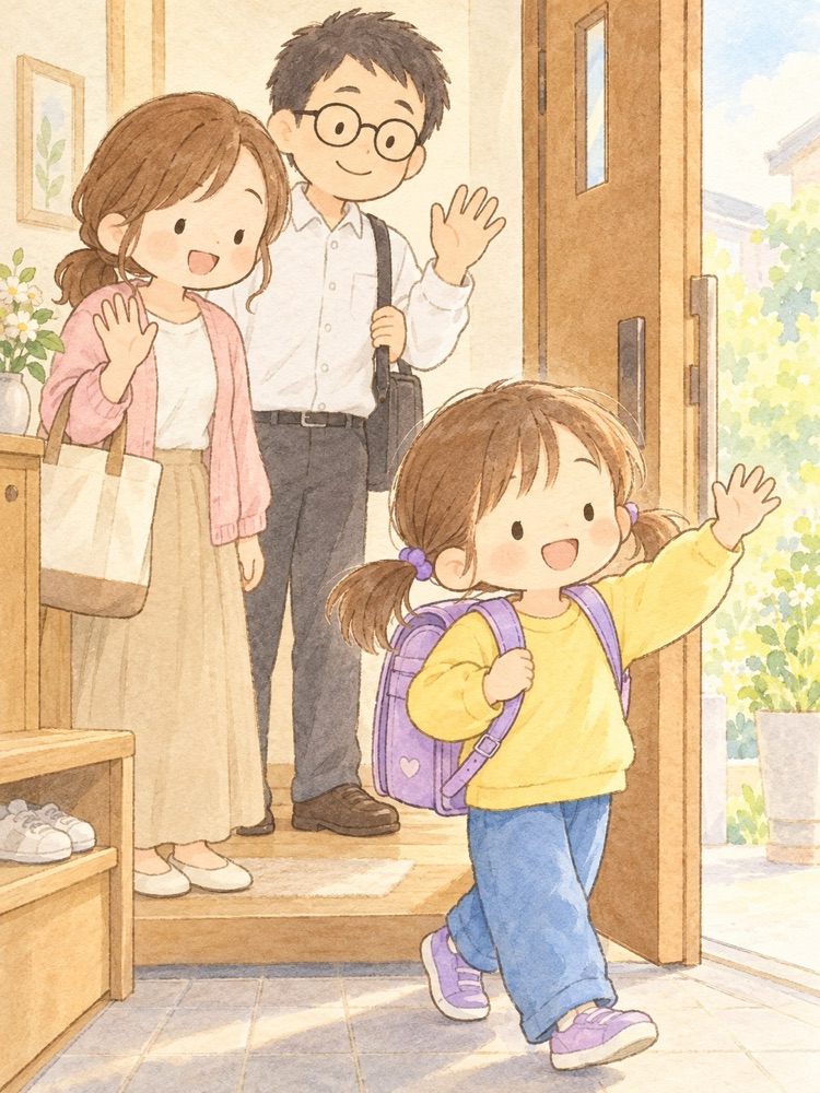 朝の玄関で、娘を笑顔で見送るミキとユウタ