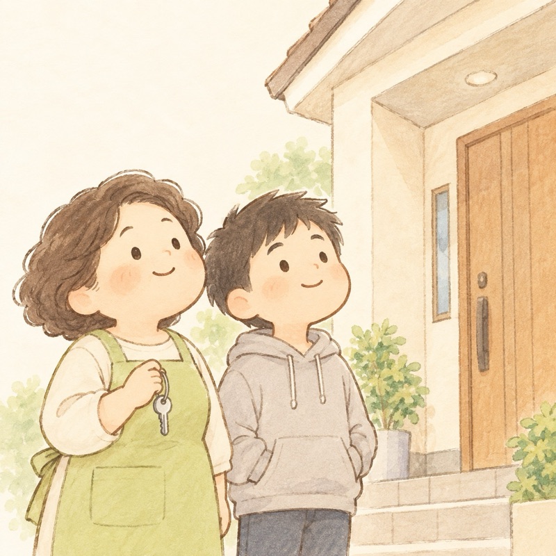 わが家の前で穏やかに微笑む親子