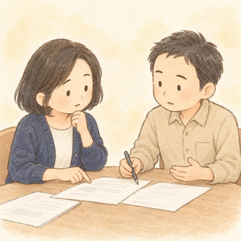 書類を見ながら落ち着いて話し合う夫婦